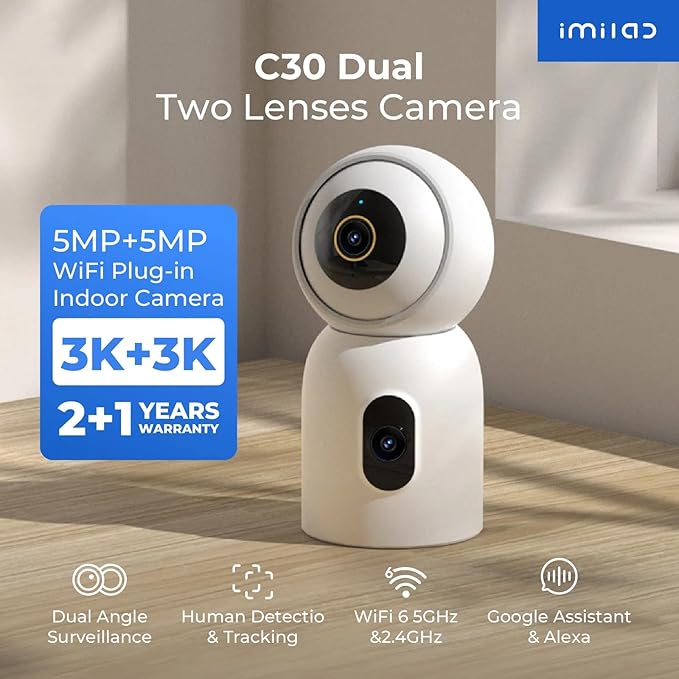 IMILAB C30 Dual Security Camera Indoor, 3K+3K Lens Pet/Baby Monitor Camera, 360° Home/Room Cam for Bedroom, Cry/Smoke/Fire/Person Alerts, App Control, Plug-in 5G WiFi Cam, Wall Mount, No Monthly Fee