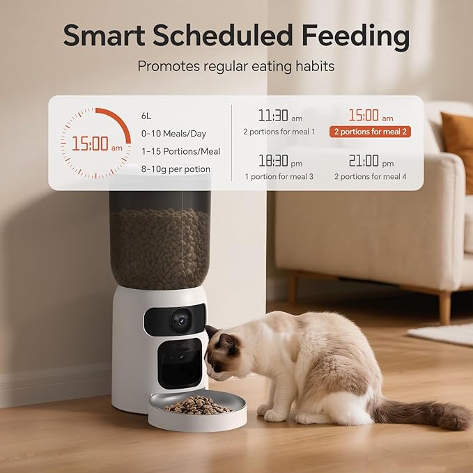 Automatic Cat Feeder with Dual 2K HD Camera, Smart Pet Food Dispenser for Timed Meals, APP Control Laser Interactive Toy Treat Feeders with 2.4G / 5G WiFi, White