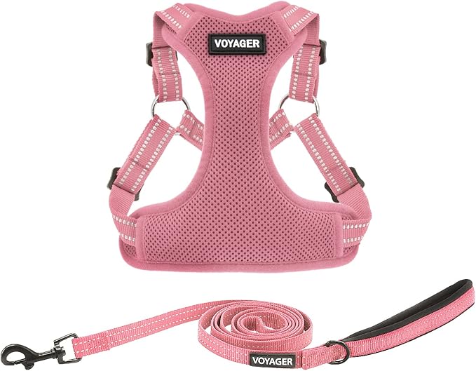 Best Pet Supplies Voyager Mesh Dog Breathable Harness Reflective Stitching, All Weather Adjustable for Walking Training, or Running - Heavy Duty & Durable, Harness Leash Set (Pink), S