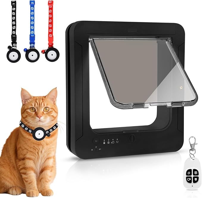 Smart Cat Door for Interior & Exterior, Flap Opening is 7.67’’ (H) by 7'' (W), RFID Cat Pet Door with 3 RFID Collar Sensor Keys & 1 Remote & 4 Way Locking Cat Flap, Automatic Opening Cat Door ﻿(Black)