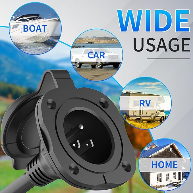 15 Amp AC Port Plug, 125V Power Inlet Socket with Waterproof Cover & Integrated 18" Extension Cord, 2 Pole 3-Wire NEMA 5-15 Flanged Generator Inlet Plug for RV Boat Electrical Connections