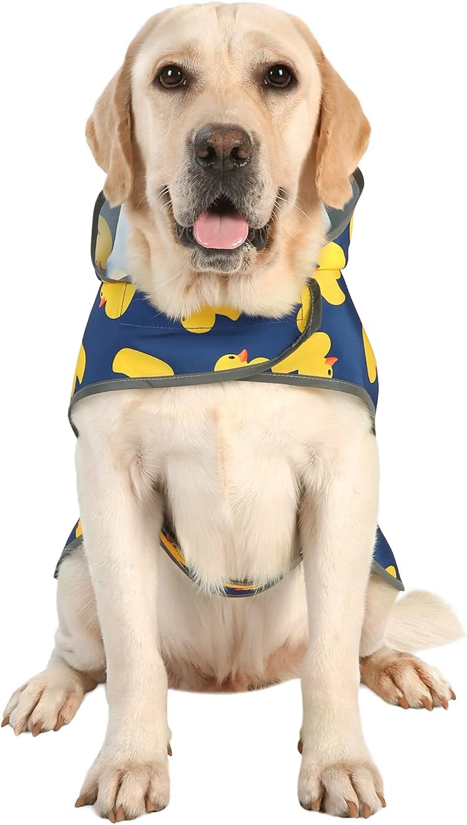 Dog Raincoats for Large Dogs Waterproof Hooded Rain Jacket with Reflective Strips Leash Hole & Poncho Adjustable Fit (Duck,XL)