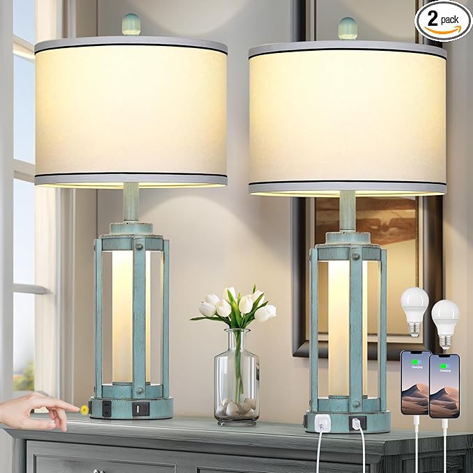 Farmhouse Lamps Set of 2, 26" Vintage Rustic Industrial Beside Lamps with USB A+C Charging Ports & AC Outlet, Nightstand Metal Lamp with LED Night Light & Fabric Shade for Living Room Bedrooms Blue