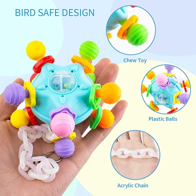 FlidRunest Bird Toys, Parrot Pull Ball Colorful Silicone Rattle Toys, Acrylic Bird Chew Ball Hanging Cage Toy for Amazon Parrot, African Grey, Conure, Parakeet and Similar Birds