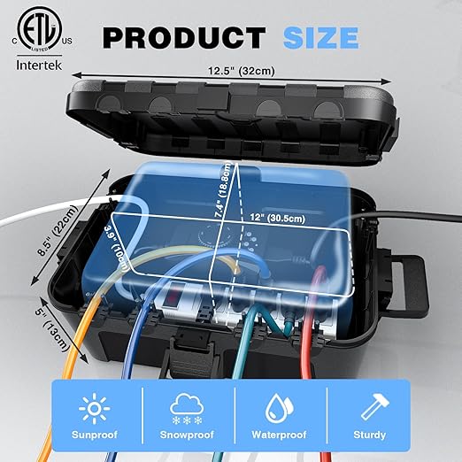 Flemoon Large Outdoor Electrical Box (12.5 x 8.5 x 5 inch), IP54 Waterproof Extension Cord Cover Weatherproof, Protect Outlet, Plug, Socket, Timer, Power Strip, Holiday Light Decoration, Black