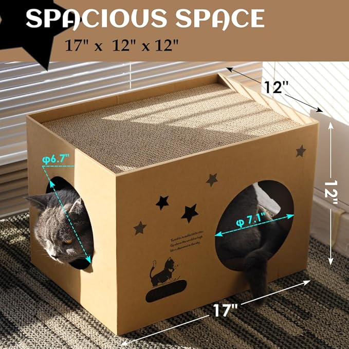 Cat Cardboard House with 2 PCS Scratching Pads，Large Cat Scratcher Bed Cat Scratchers Lounge for Indoor Cats with Corrugated Board Detachable Cat Scratcher Box for Cats.(Star)