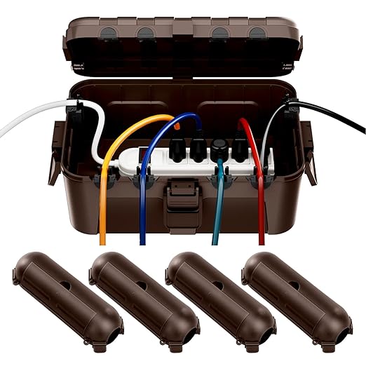 RESTMO 5-Piece Outdoor Waterproof Electrical Box Set – 12.5" x 8.5" x 5" Large & 7.1" x 2.3" x 2.3" Small, Weatherproof Boxes for Power Strip, Outlet, Plug, Socket, Timer, Holiday Light, Brown