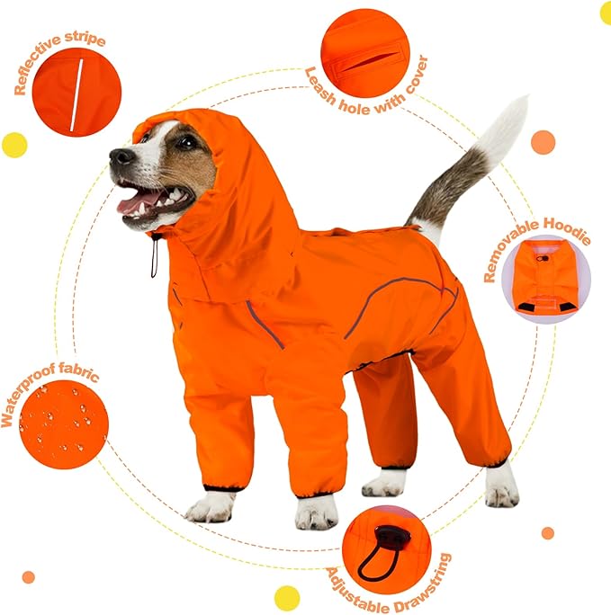 Dog Raincoat, Waterproof Dog Rain Jacket with Removable Hood，Adjustable 4 Legs Pet Poncho with Leash Hole，Reflective Stripe Hooded Snowproof Windproof Clothes for Small to 3X-Large Dogs, 3XL