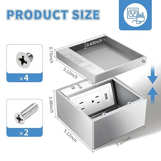 Vagueior Recessed Flat Hidden Floor Electrical Outlet Kit,Hidden Duplex 15A Tamper-Resistant Receptacle Outlet and 2.1A USB Port，Waterproof Electrical Outlet Covcer Box,Silver