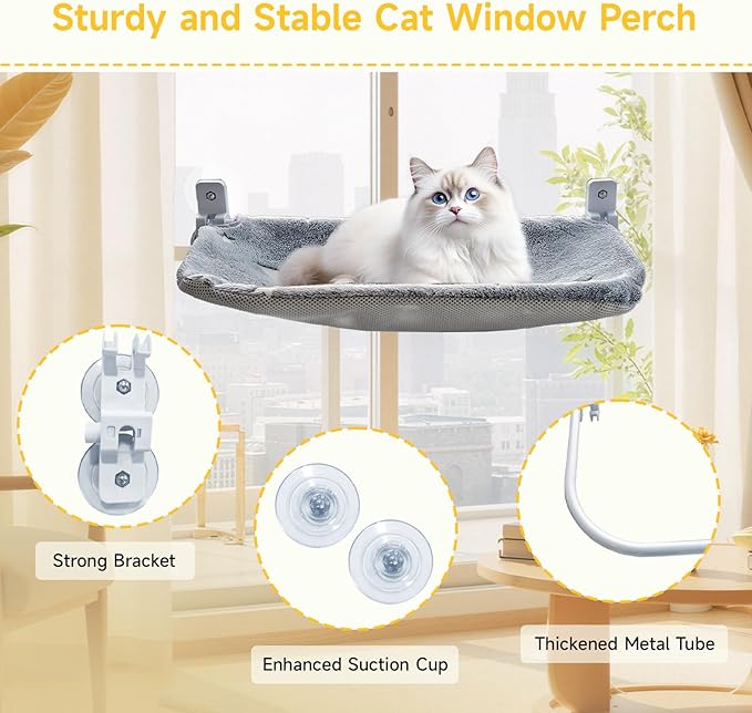 Homegroove 2 Pack Cat Window Perch, 24 x 12 Inch Foldable Cat Hammock for Window with Sturdy Metal Frame, Cordless Window Bed for Resting Seat for Indoor Cats (Grey-with Star Pattern, 24 x 12 Inch)