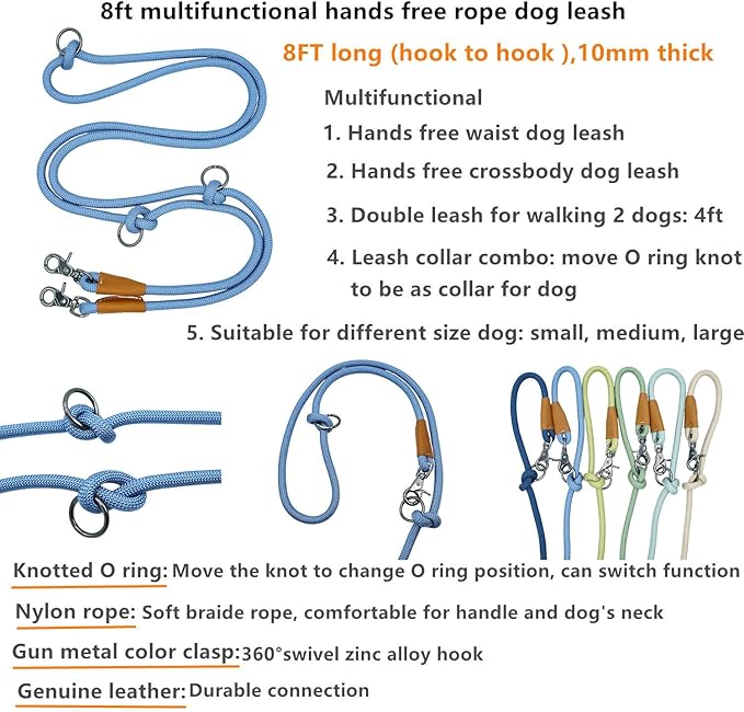 8FT Hands Free Dog Rope Leash, Waist Body Running Leash for Dog Walking (Air Blue, 8FTx10MM)