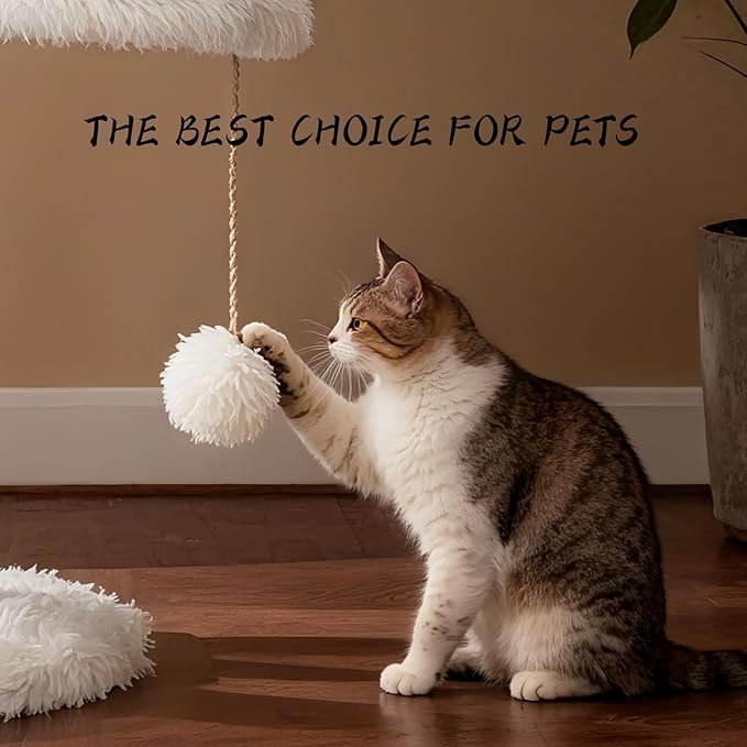 Modern Cat Tree Tower for Indoor Cats, Natural Solid Wooden Branch with Sisal Scratching Post, Log Hardwood for Char-Grilling, Style Cat Furniture with Perches Platform & Toy Ball