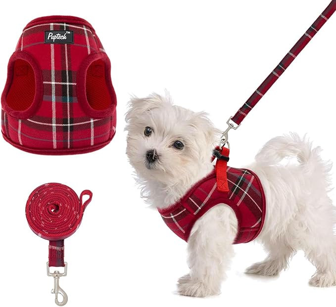 PUPTECK Soft Mesh Dog Harness and Leash Set Step-in Plaid Puppy Padded No Pull Vest Harness for XS Small Medium Sized Dogs Cats Outdoor Walking, Red M