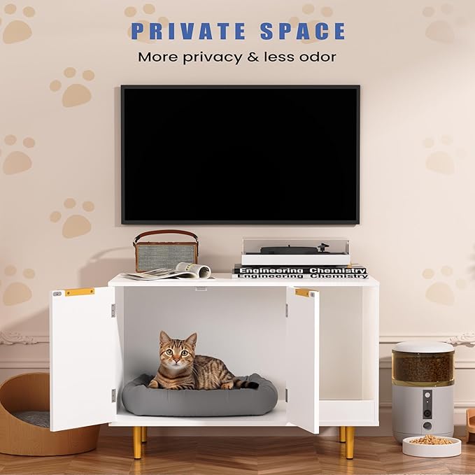Litter Box Enclosure, Cat House Litter Box Furniture Hidden with Scratching Mat, Modern Cat Washroom Indoor, Side End Table, Storage Cabinet Bench for Living Room, Bedroom, White