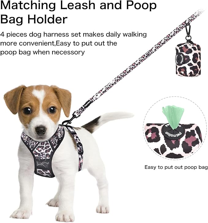 Petmolico No Pull Dog Harness Set with Leash Attachment Easy Control Handle Reflective Harness Vest Small Breed, Puppy Vest and Leash Set with Poop Bag Holder, XS - Leopard