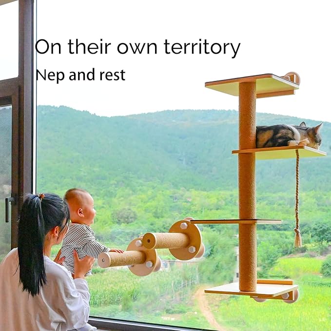 Cat Window Perch and Cat Wall Shelves 2 in 1 Cat Scratching Activity Tree Wall Mounted, Cat Scratch Post for Cats, Kittens with Cat Bed