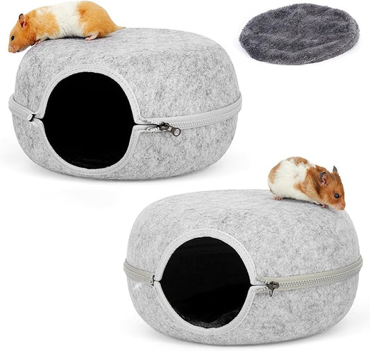 Guinea Pig Hideout 2 Pack, Double Function Guinea Pig Bed with 3 Soft Cushions, Small Animal Cage Accessories for Guinea Pigs, Hamsters, Hedgehogs, and Ferrets (Light Grey & Light Grey)