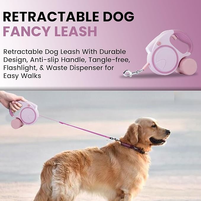 Retractable Dog Fancy Leash with Flashlight and Dispenser, 16 ft Dog Retractable Leash is Perfect for Safe and Comfortable Walking with Your Pet - Suitable for Small Medium Large Dogs (Pink)