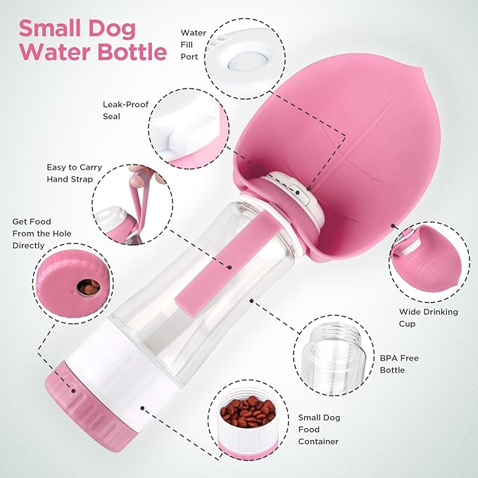 Dog Water Bottle, Pet Water Bottle with Food Container and Drinking Feeder, Leak Proof, BPA-Free, Portable Foldable Puppy Water Cup Dispenser for Outdoor Walking, Travel, Hiking Small Pink