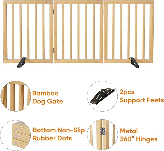 Dog Gates for Doorways Stairs, Foldable Freestanding Pet Gate, Dog Fences Indoor, Bamboo Dog Gates (Natural, 18-55" Wide)