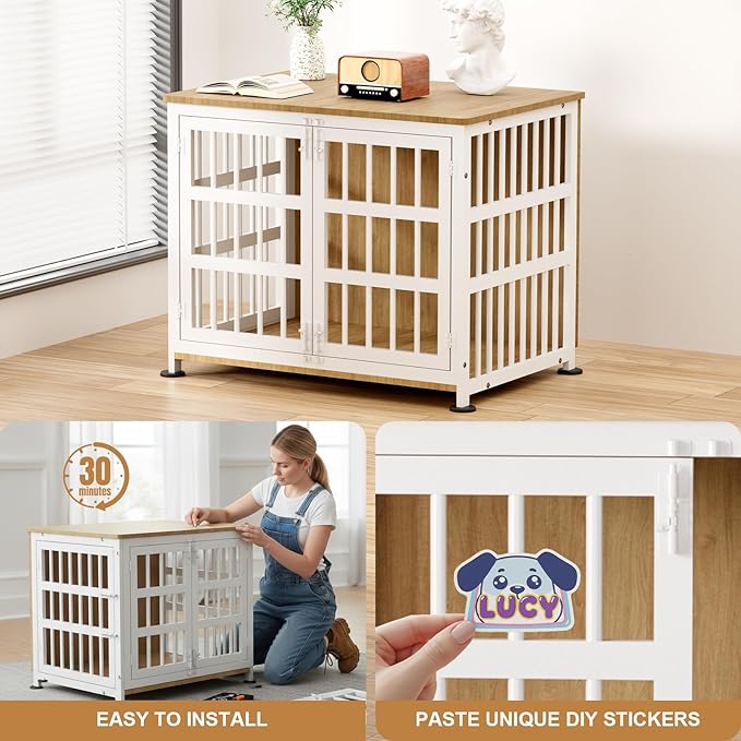 33" Dog Crate Furniture for Medium & Small Dogs with Wheels, Heavy Duty Dog Cage, Indoor Puppy Crate, Wooden Dog Kennel Table, 32.6"L x 22.8"W x 25.8"H, Decorate House as End Table — Natural and White