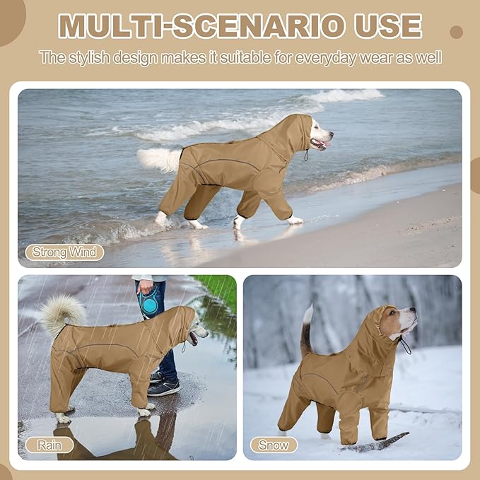 Dog Raincoat, Waterproof Dog Rain Jacket with Removable Hood，Adjustable 4 Legs Pet Poncho with Leash Hole，Reflective Stripe Hooded Snowproof Windproof Clothes for Small to 3X-Large Dogs, 2XL