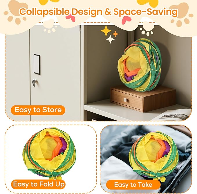 Petizer H-4-Way Collapsible Cat Tunnels for Kittens Indoor Entertainment, Washable Cute Cat Tube Toys with Interactive Playing Balls,Tear-Resistant Pet Tube, Cats, Kitten, Kitty, Puppy, Rabbit