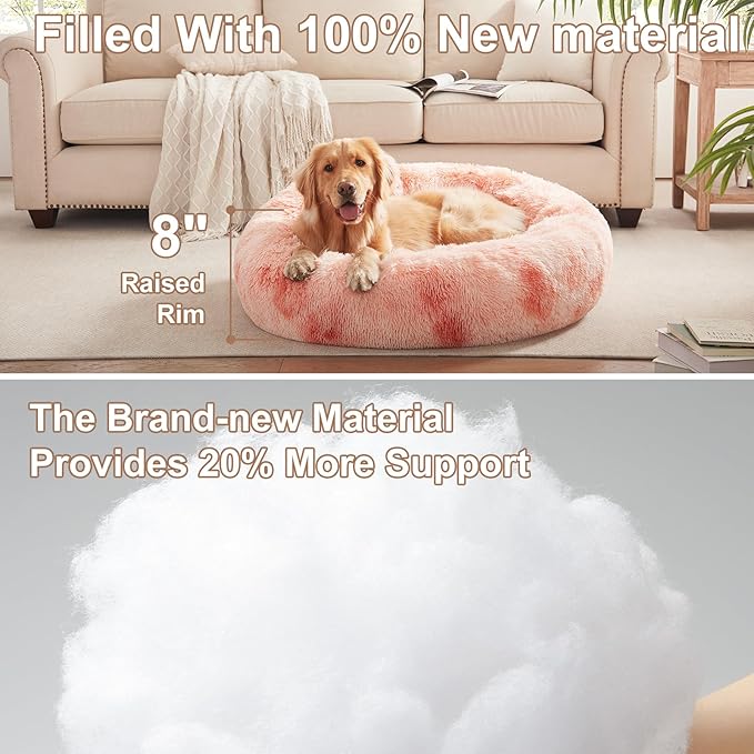 36 inches Donut Dog Bed for Large Dogs - Calming Fluffy Round Pet Bed with Removable & Washable Cover,Fits up to 80 lbs Pets (Tie-dye Pink,Large)