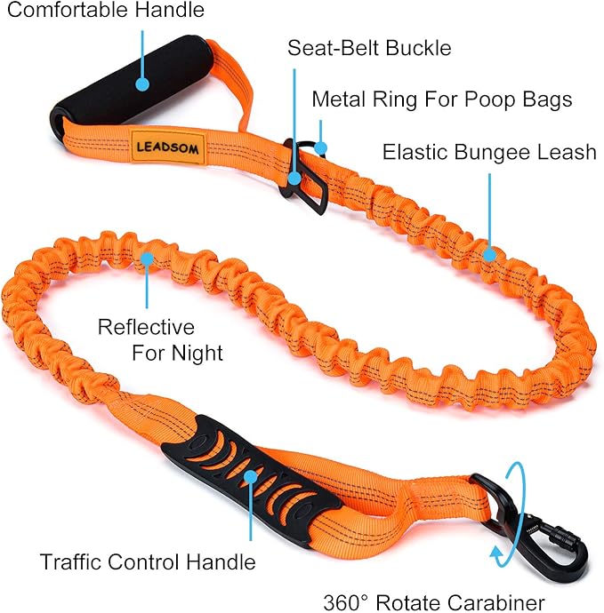 6FT Highly Reflective Heavy Duty Elastic Bungee Medium and Large Dog Leash Shock Absorbing with Comfortable Padded Handle and Traffic Handle Suitable for Training