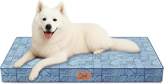 Outdoor Large Washable Dog Bed, Orthopedic Egg Crate Foam Dog Crate Mat for Large Dogs with Removable Oxford Cooling Cover, White Blue
