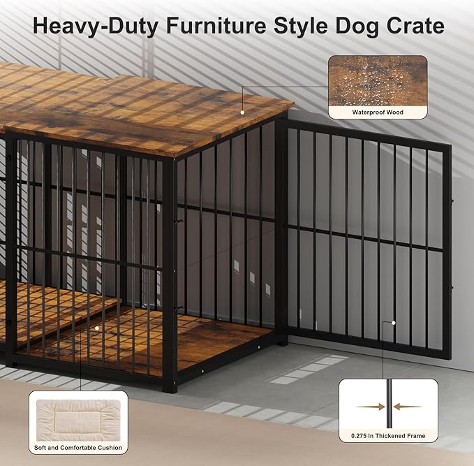 Large Dog Crate Furniture for Large Dogs, Retractable Dog Kennel Furniture, Wooden Dog Kennel Indoor, Heavy-Duty Dog Cage Furniture with 3 Levels of Adjustable Size,45.6" L, XL, Rustic Brown