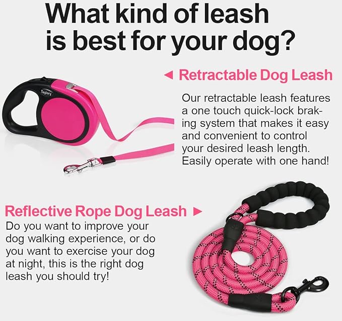 Taglory Retractable Dog Leash, 16ft No Tangle Leash Retractable for Small Medium Dogs Up to 44 lbs, One-Handed Brake, Pause, Lock, Pink