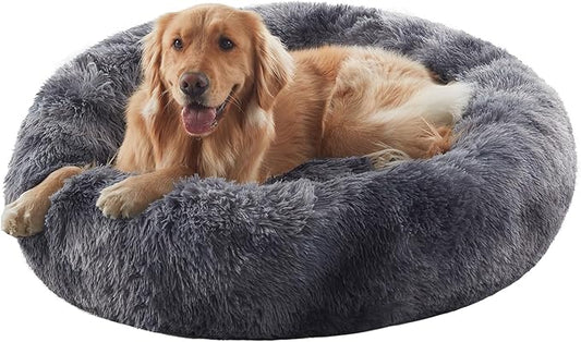 36 inches Donut Dog Bed for Large Dogs - Calming Fluffy Round Pet Bed with Removable & Washable Cover,Fits up to 80 lbs Pets (Tie-dye Grey,Large)