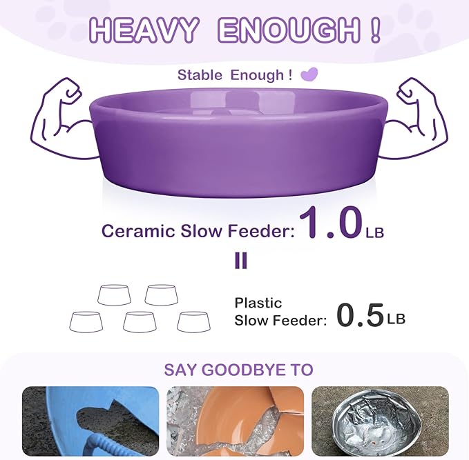 TRUVIC Ceramic Slow Feeder Dog Bowls Small Breed, 0.6 Cup Slow Feeder Cat Bowls for Fast Eaters, Ceramic Dog Food Dish no Black Chin, Puzzle Bowl for Small Dogs and Cats, Purple