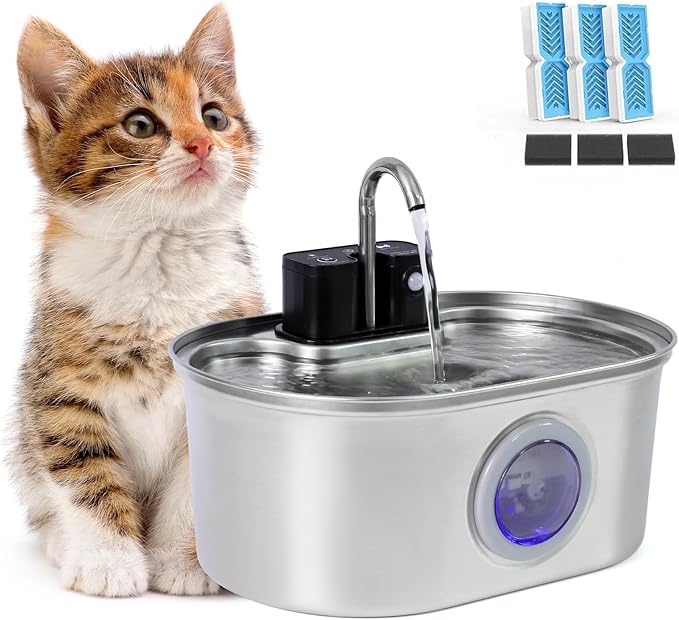 Cat Water Fountain Stainless Steel Wireless,4000mAh 30-Day Battery & Motion Sensor,108oz/3.2L Large Capacity,3-Stage Filtration, Ultra Quiet
