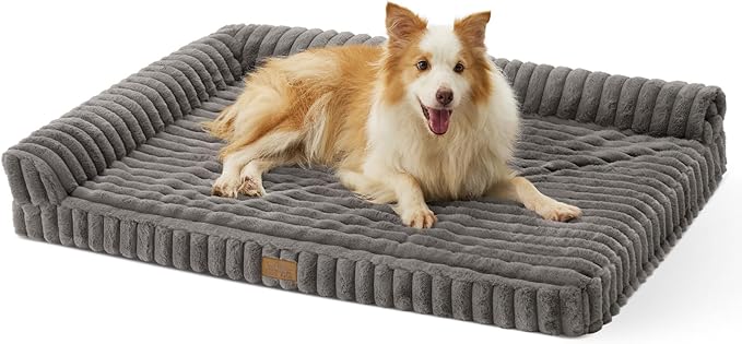 Cute Dog Bed, Faux Rabbit Fur Orthopedic Foam Dog Bed with Sides, Removable Washable Cover & Waterproof Lining, Comfortable Pet Couch for Large Dogs, Grey (44" L x 32" W x 7" Th)