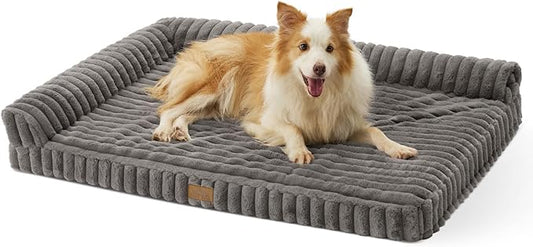 Cute Dog Bed, Faux Rabbit Fur Orthopedic Foam Dog Bed with Sides, Removable Washable Cover & Waterproof Lining, Comfortable Pet Couch for Large Dogs, Grey (44" L x 32" W x 7" Th)
