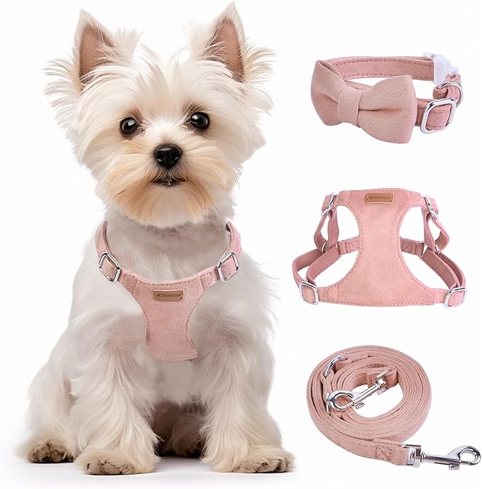 Dog Harness and Leash Set, XXS No Pull Adjustable Puppy Harness with Multifunction Pink Dog Leash and Dog Collar, Soft No Choke Escape Proof Pet Harness Vest for Small Dogs and Cats (Pink, S)