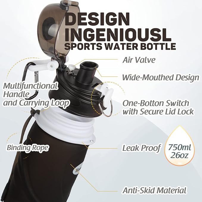 Kemier Collapsible Silicone Water Bottles-750ML,Medical Grade,BPA Free Travel Water Bottle Can Roll Up,26oz,Leak Proof Foldable Sports & Outdoor Water Bottles