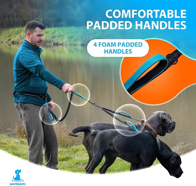 SparklyPets Hands Free Double Dog Leash – Dual Leash for Medium and Large Breeds – Lead for 2 Dogs with Padded Handles, Reflective Stitches, No Pull, Tangle Free