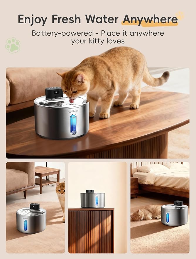 Wireless Cat Water Fountain, 135fl.oz/4L Stainless Steel Cat Fountain Battery Operated, Pet Water Dispenser Cordless for Cats & Dogs Indoor (1 Set Filter)