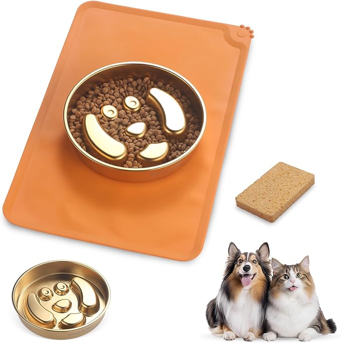 Golden Stainless Steel Slow Feeder Dog Bowls – Non-Slip Metal Dog Bowl for Large & Medium Breeds, Puppy Puzzle Feeder – 2 Cup for Small to Big Pets – Durable Slow Feed Dog & Cat Food Dish with Mat