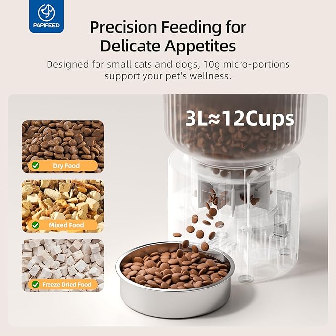 PAPIFEED Automatic Cat Feeder and Water Fountain, 3L/12 Cups 2.4G WiFi Pet Feeder with Stainless Steel Bowl, Smart APP Control for Remote Feeding, 1-12 Meals Per Day, Detachable for Easy Clean (White)