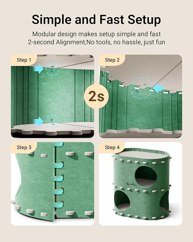 DownyPaws Cat House for Indoor Cats, 2-Storey Foldable Cat Bed Cave, Felt Cats Tunnel Bed Condo, Castle Kitten Cube Hideaway for Multicats, Scratch Resistant, Forest