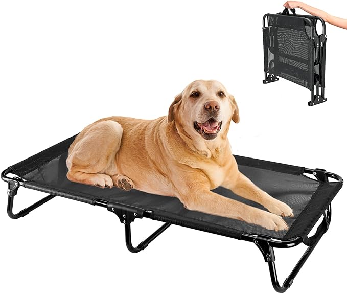 Foldable Elevated Dog Bed, 43"x23"x7"Raised Pet Bed with No Setup, Outdoor DogBed with Breathable Mesh, No-Slip Feet Camping Dog Cots Bed for Large Sized Dogs, Black