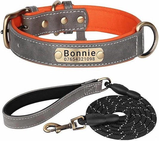 Leather Dog Collar Personalised and Leash Set, Personalized with Soft Padded Design Heavy Duty Featuring Custom Engraved Name Plate for Small Medium and Large Dogs