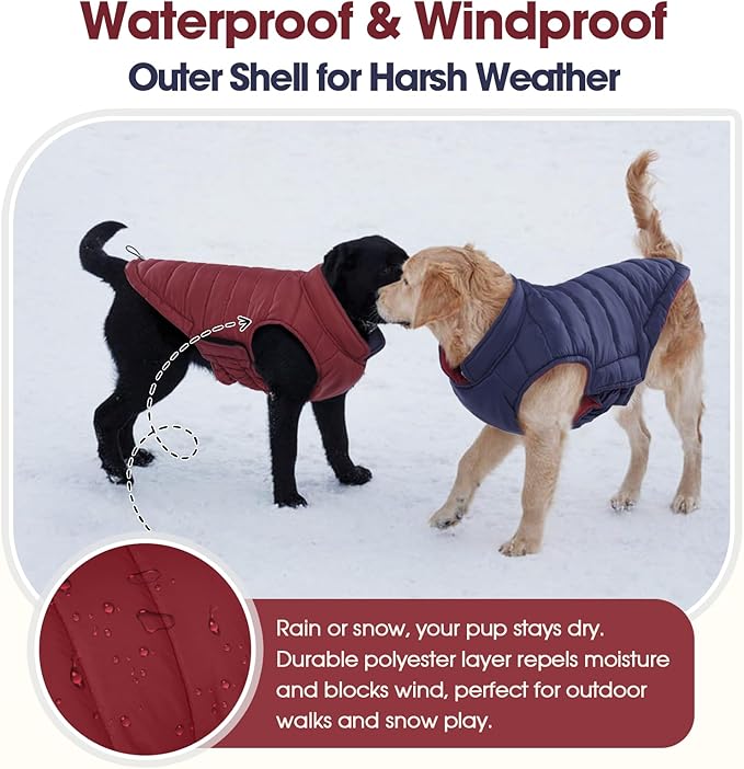 QBLEEV Reversible Dog Coat for Small Dogs, Waterproof Windproof Winter Jacket Keeps Small Breeds Warm & Dry, Lightweight Adjustable Puffer Vest with Leash Hole, Wine Red, XS – Fits Chihuahua, Yorkie