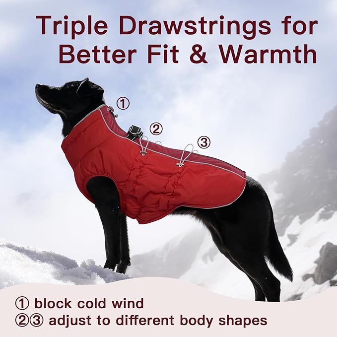 Dog Winter Jacket - XX Large, Warm Zip Up Snowsuit Dog Harness Vest, Reflective, Water-Resistant, Red