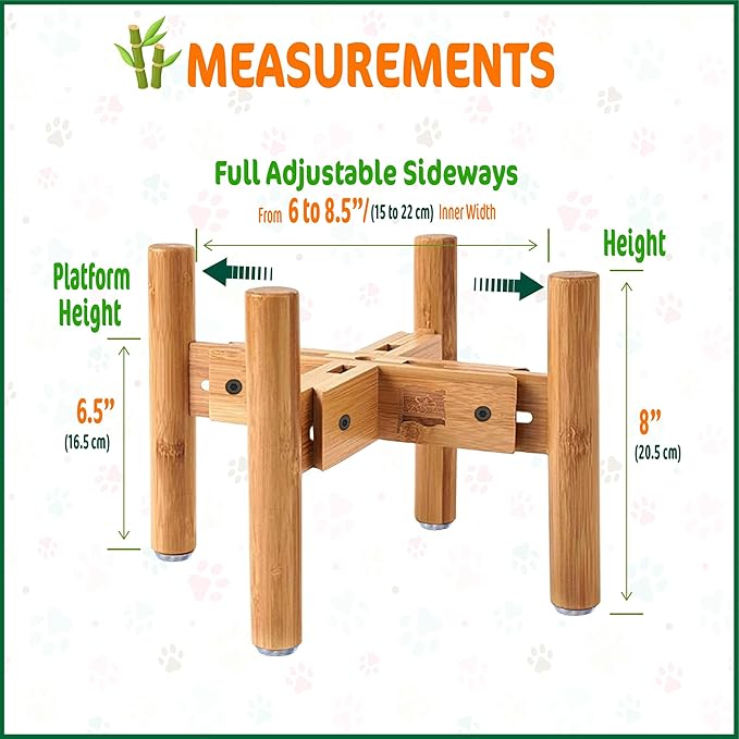 Dog Bowl Stand for Medium Breeds - Use to Raise, Elevate Dog Food/Water Feeders, Fountains and Bowls, Adaptable Size (See Size Guide) - Bamboo