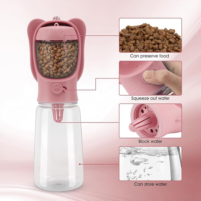 Portable Dogs Water Bottle with Food Storage Container, Leakproof Drinking Water Dispenser Feeder for Outdoor Dog Stuff Accessories Items for Cats, Puppy,for Walking, Hiking (Pink, 550ml)